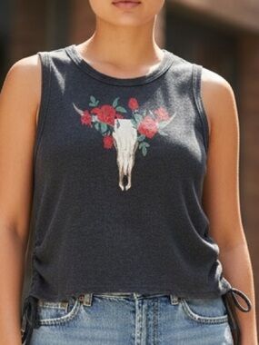 No Boundaries Bull Skull & Rose Ribbed Tank Top – Ruched Side Ties -